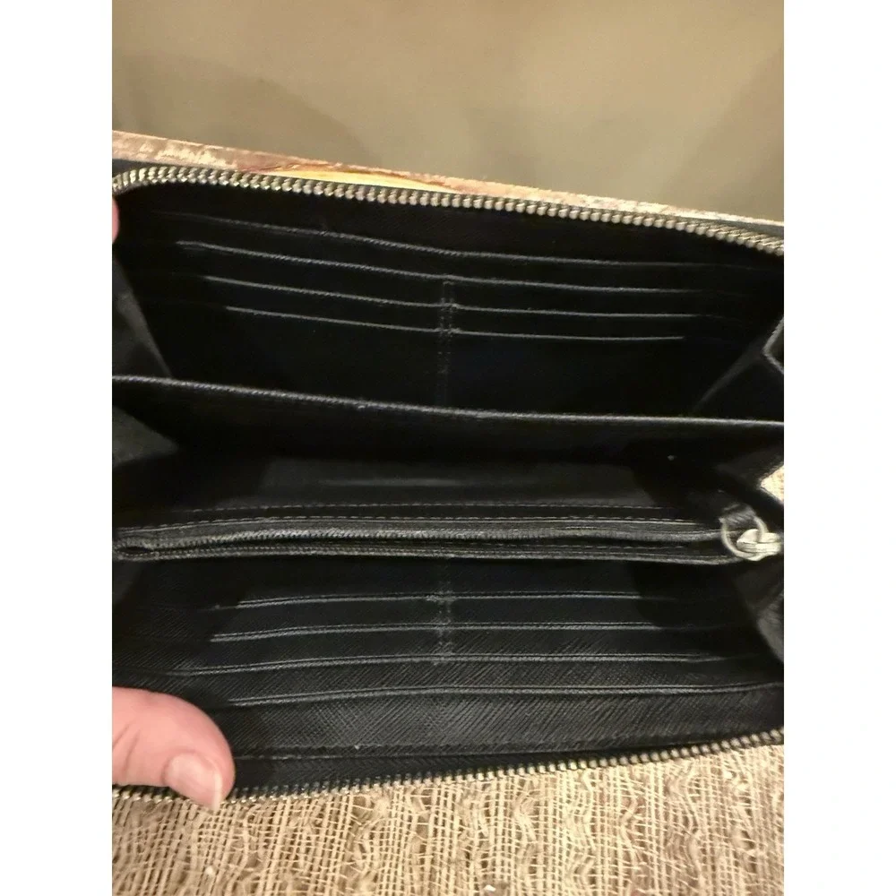 Vintage Coach 48437 Legacy Signature Stripe Zip Wallet Black Fabric & Leather
